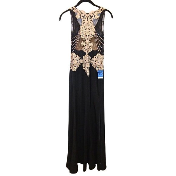 BLACK AND GOLD CRYSTAL EMBELLISHED SLEEVELESS EVENING GOWN PARTY DRESS - Picture 3 of 9